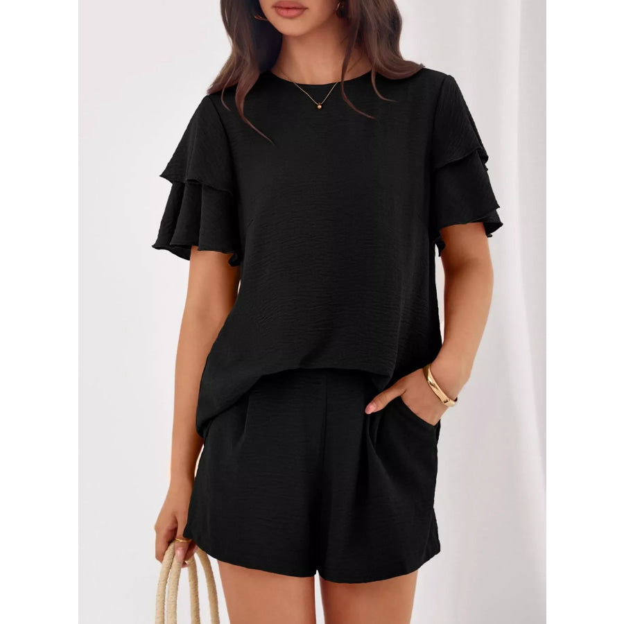 Ruffle Sleeve Top and Shorts Two-Piece Set Black / S Apparel and Accessories
