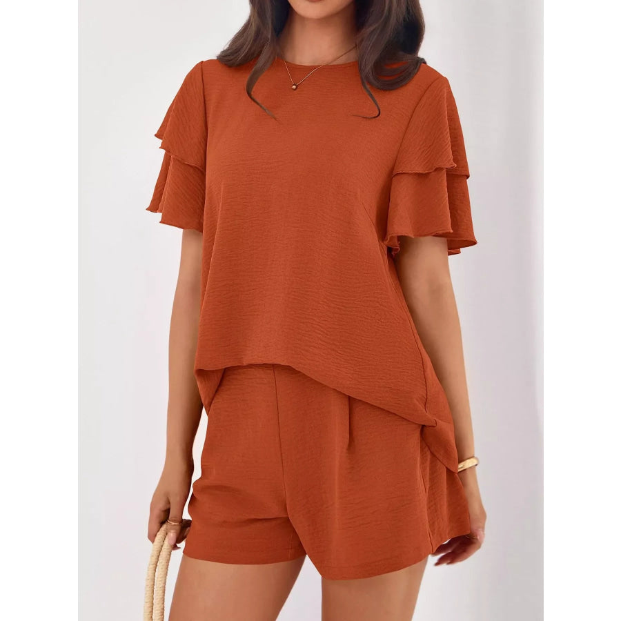 Ruffle Sleeve Top and Shorts Two-Piece Set Caramel / S Apparel and Accessories