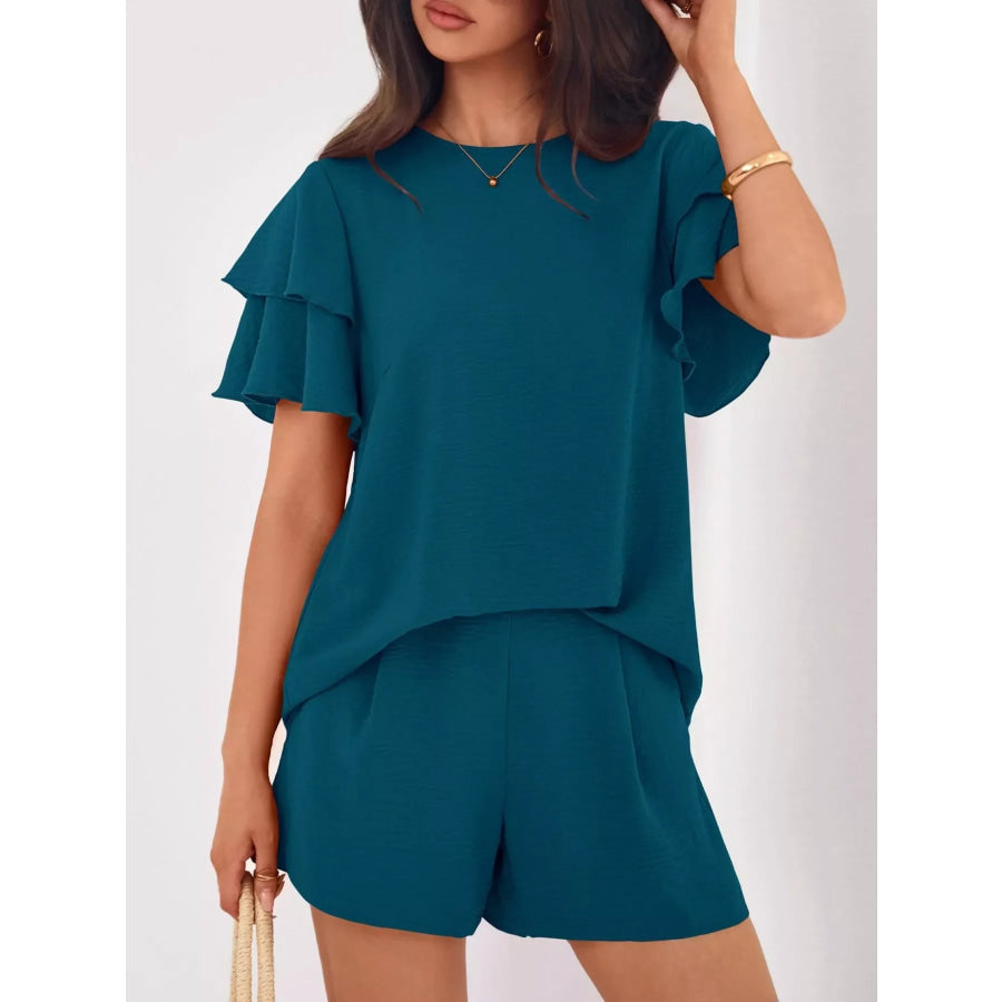 Ruffle Sleeve Top and Shorts Two-Piece Set French Blue / S Apparel and Accessories