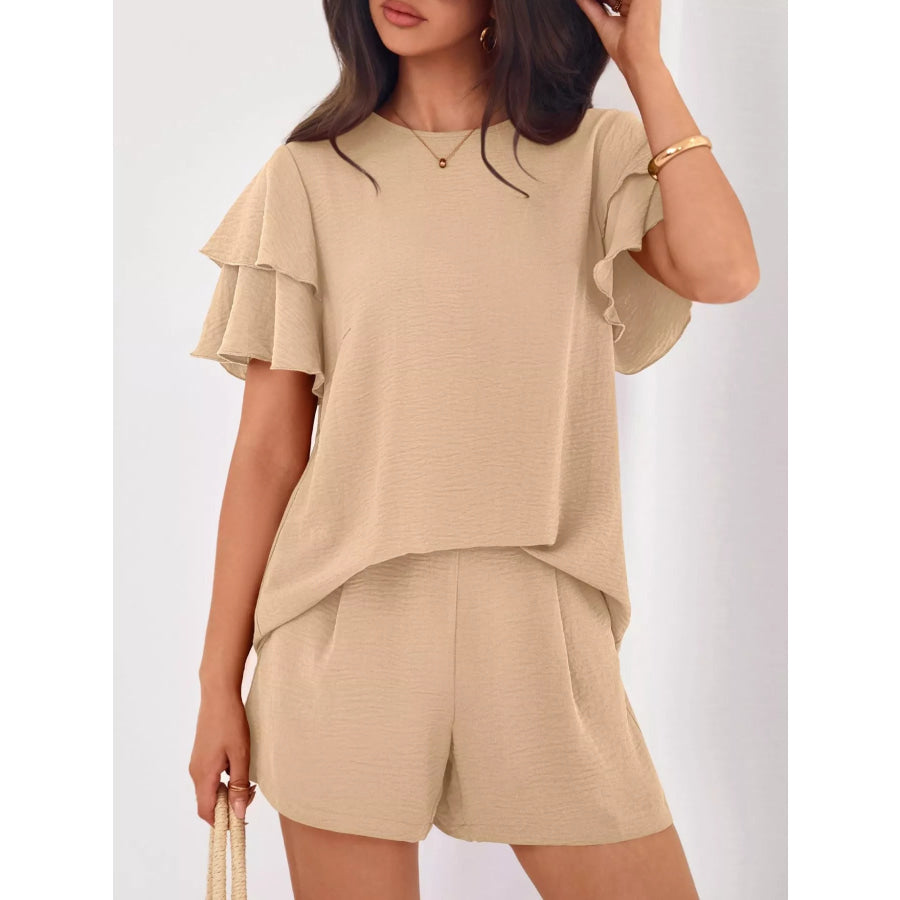 Ruffle Sleeve Top and Shorts Two-Piece Set Khaki / S Apparel and Accessories