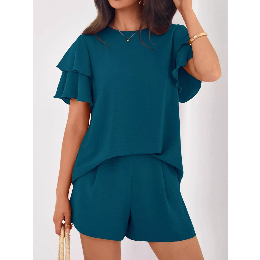 Ruffle Sleeve Top and Shorts Two-Piece Set Peacock Blue / S Apparel and Accessories