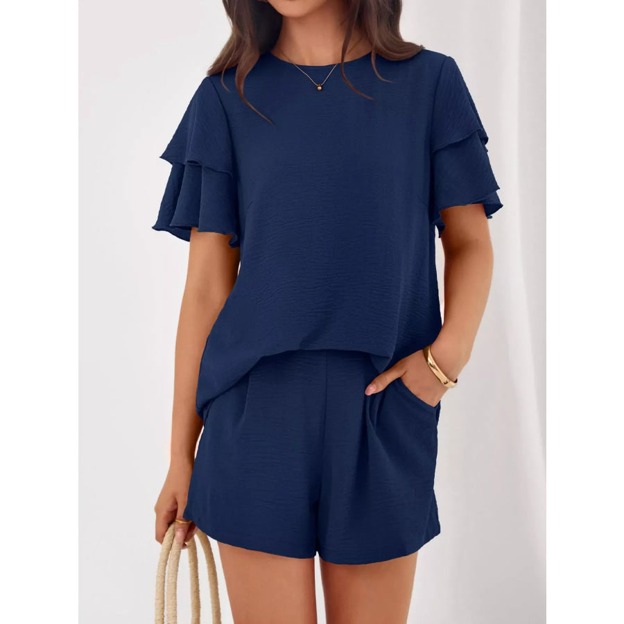 Ruffle Sleeve Top and Shorts Two-Piece Set Peacock Blue / S Apparel and Accessories