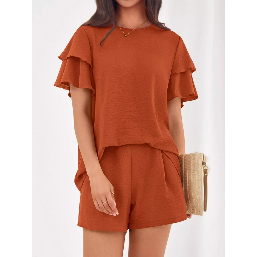 Ruffle Sleeve Top and Shorts Two-Piece Set Terracotta / S Apparel and Accessories