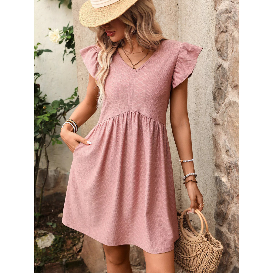 Ruffle Sleeve V-Neck A-Line Dress Apparel and Accessories