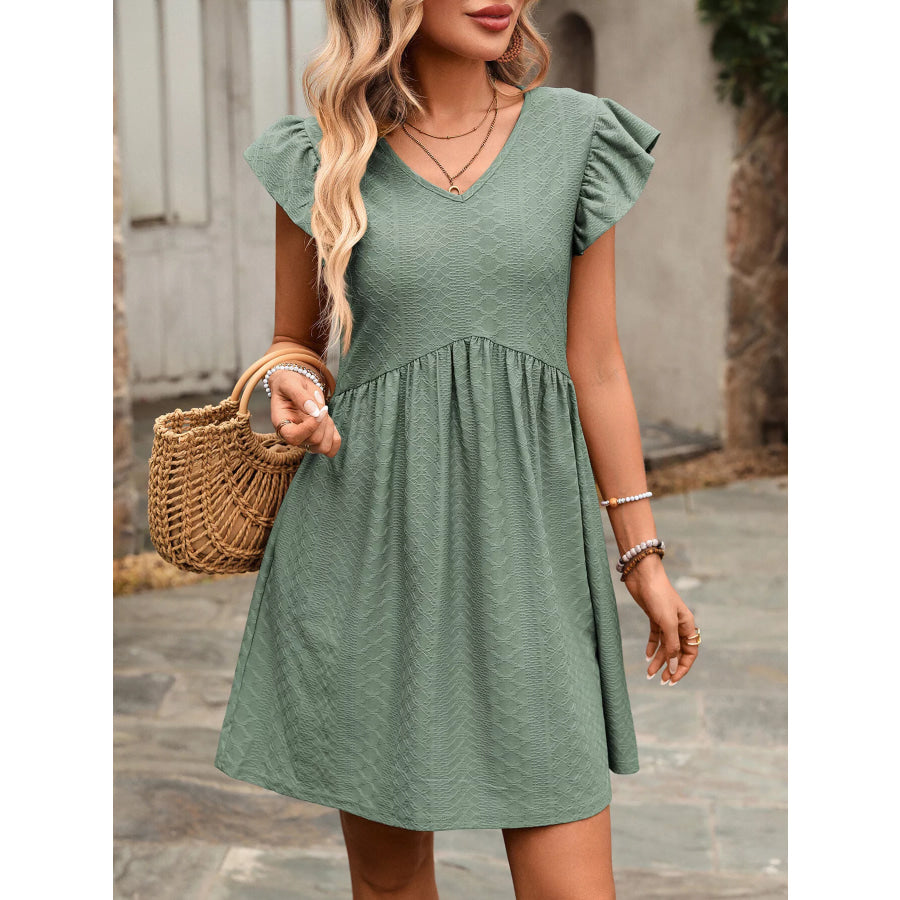 Ruffle Sleeve V-Neck A-Line Dress Apparel and Accessories