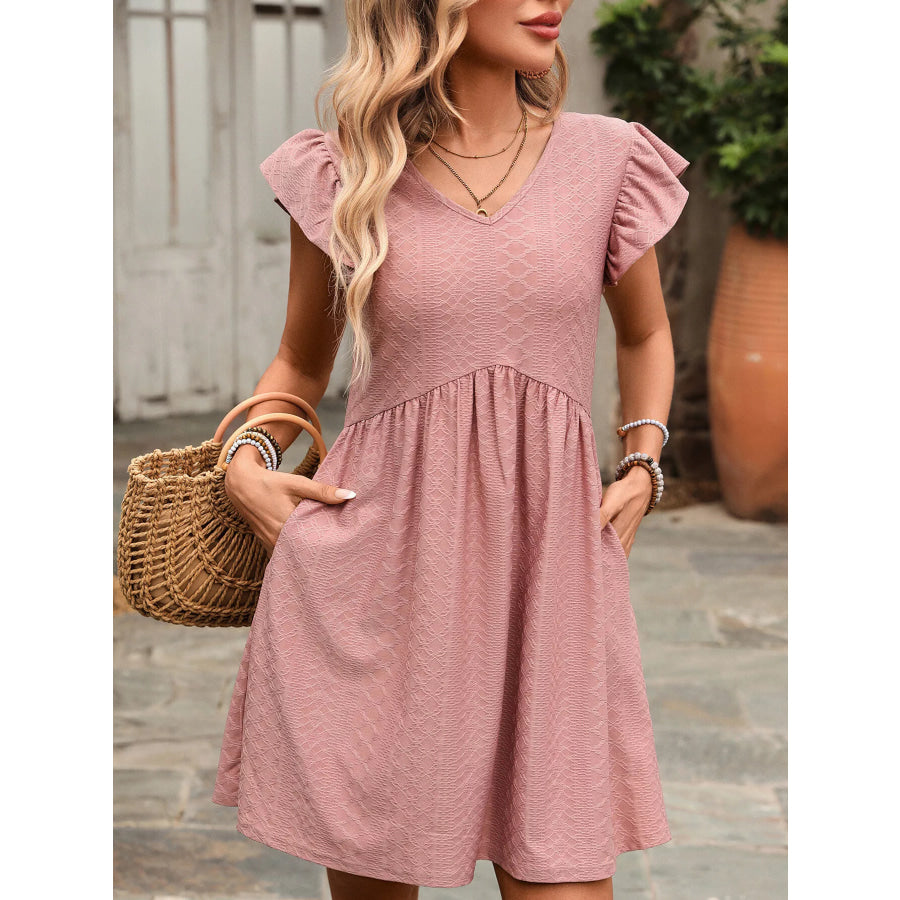 Ruffle Sleeve V-Neck A-Line Dress Apparel and Accessories