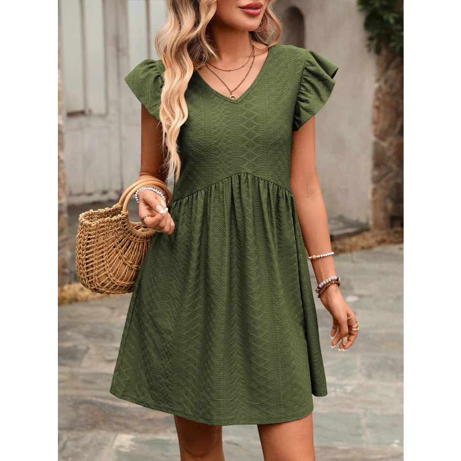Ruffle Sleeve V-Neck A-Line Dress Apparel and Accessories