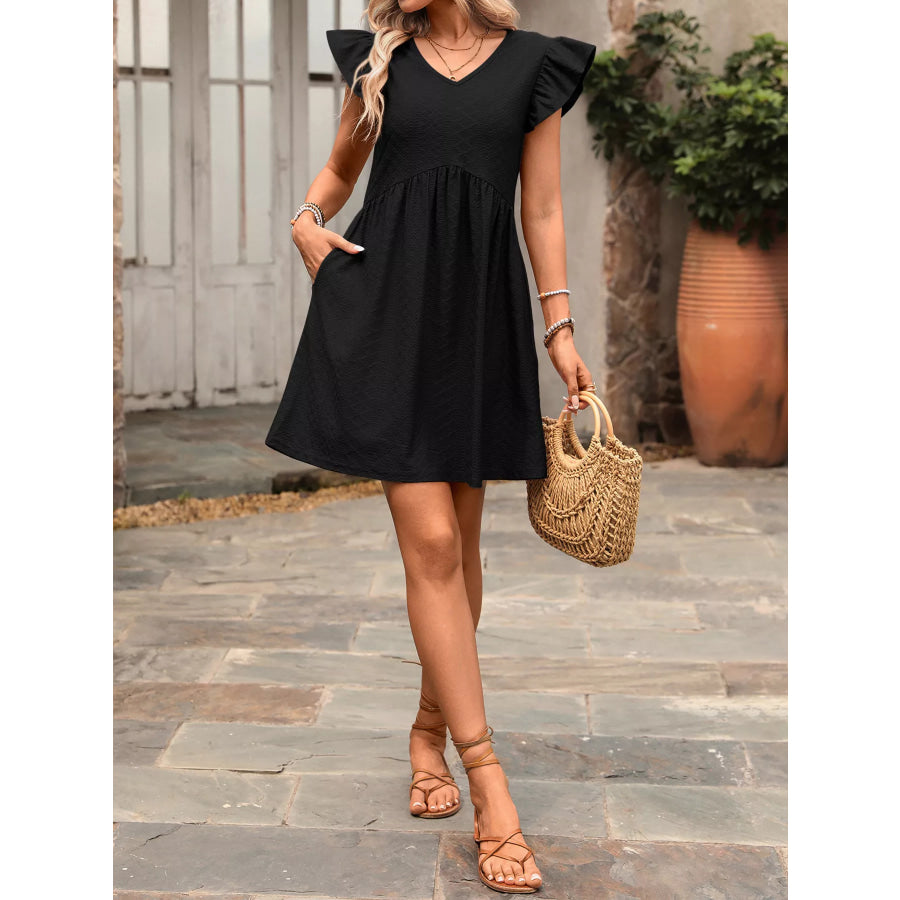 Ruffle Sleeve V-Neck A-Line Dress Apparel and Accessories