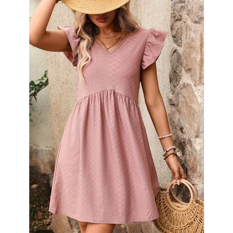 Ruffle Sleeve V-Neck A-Line Dress Apparel and Accessories