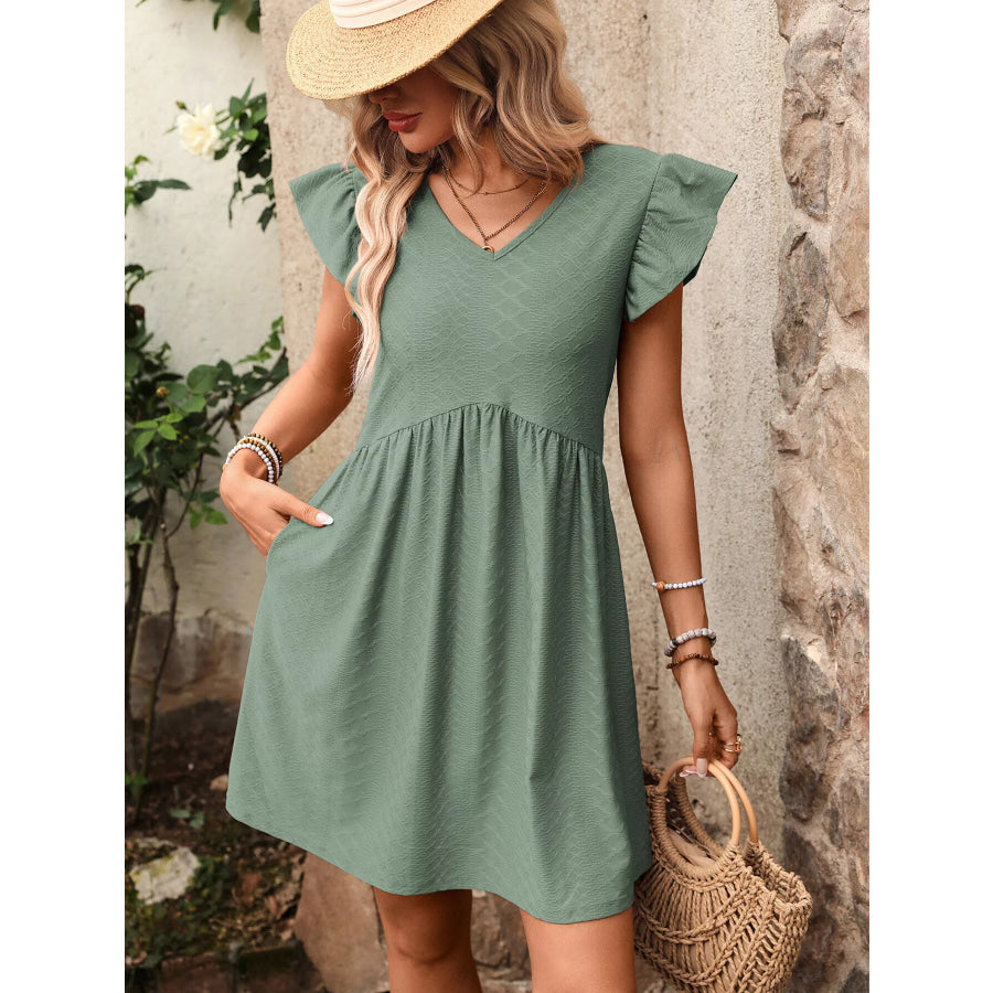 Ruffle Sleeve V-Neck A-Line Dress Apparel and Accessories