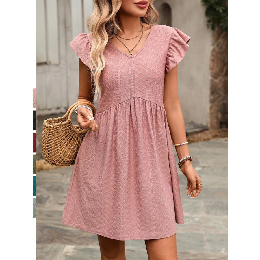Ruffle Sleeve V-Neck A-Line Dress Apparel and Accessories