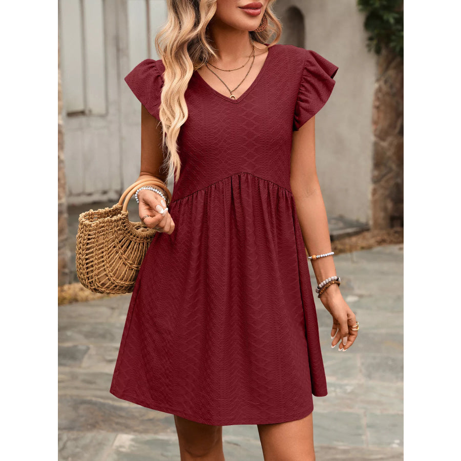 Ruffle Sleeve V-Neck A-Line Dress Apparel and Accessories