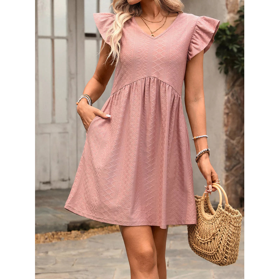 Ruffle Sleeve V-Neck A-Line Dress Apparel and Accessories