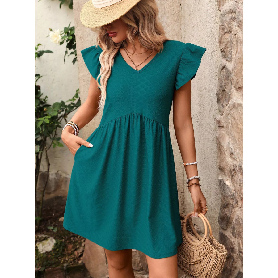 Ruffle Sleeve V-Neck A-Line Dress Apparel and Accessories