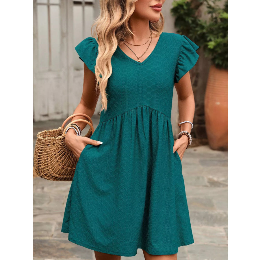 Ruffle Sleeve V-Neck A-Line Dress Apparel and Accessories