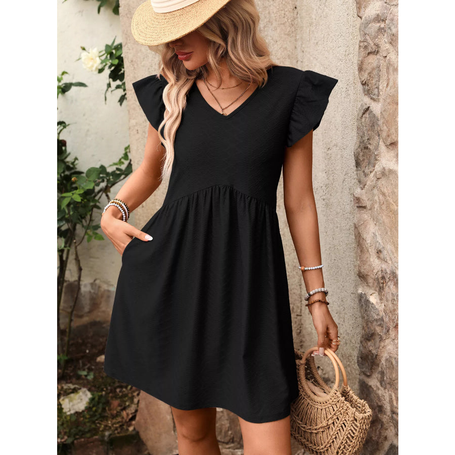 Ruffle Sleeve V-Neck A-Line Dress Apparel and Accessories