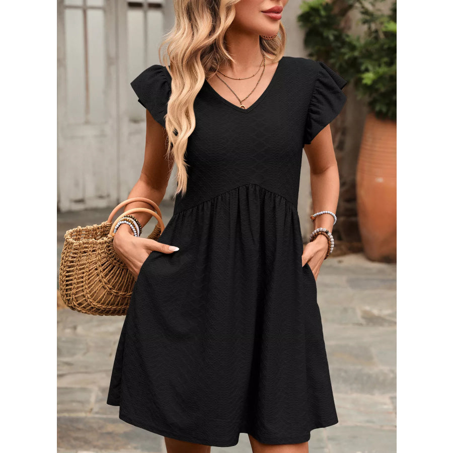Ruffle Sleeve V-Neck A-Line Dress Apparel and Accessories