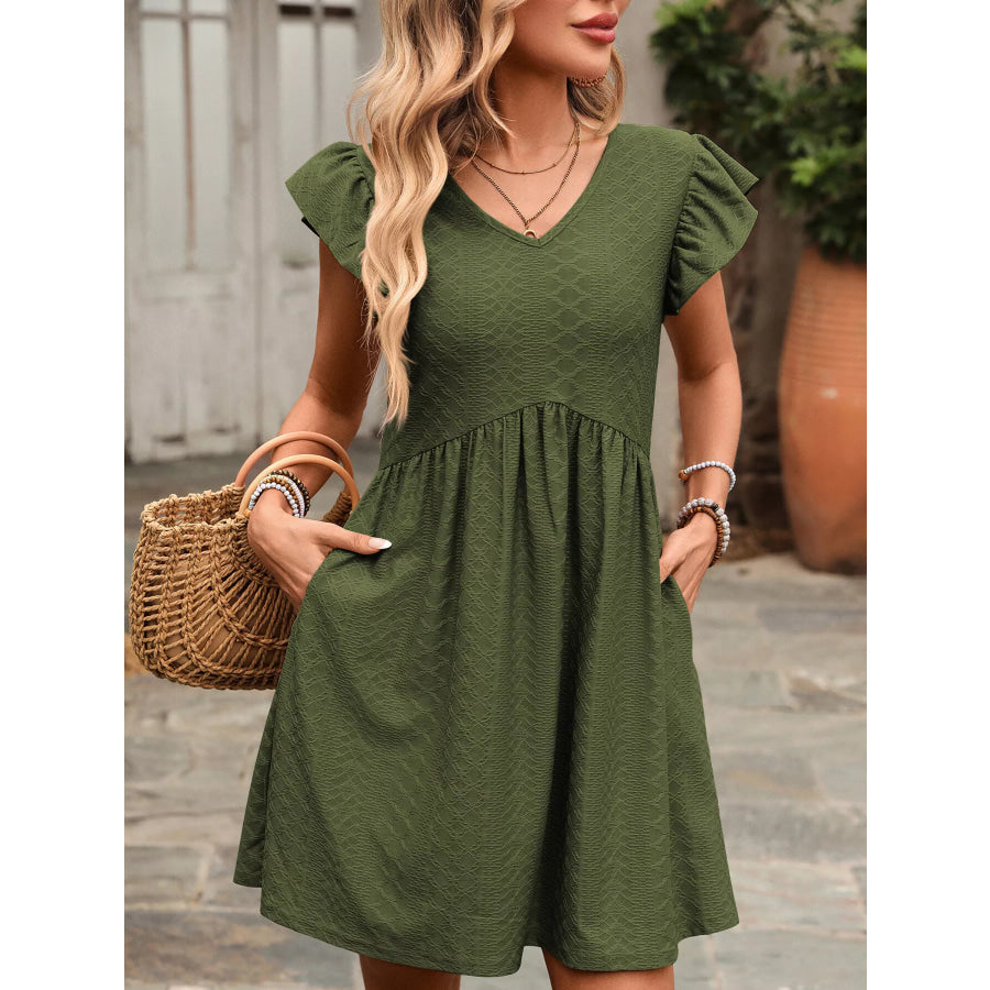 Ruffle Sleeve V-Neck A-Line Dress Army Green / S Apparel and Accessories