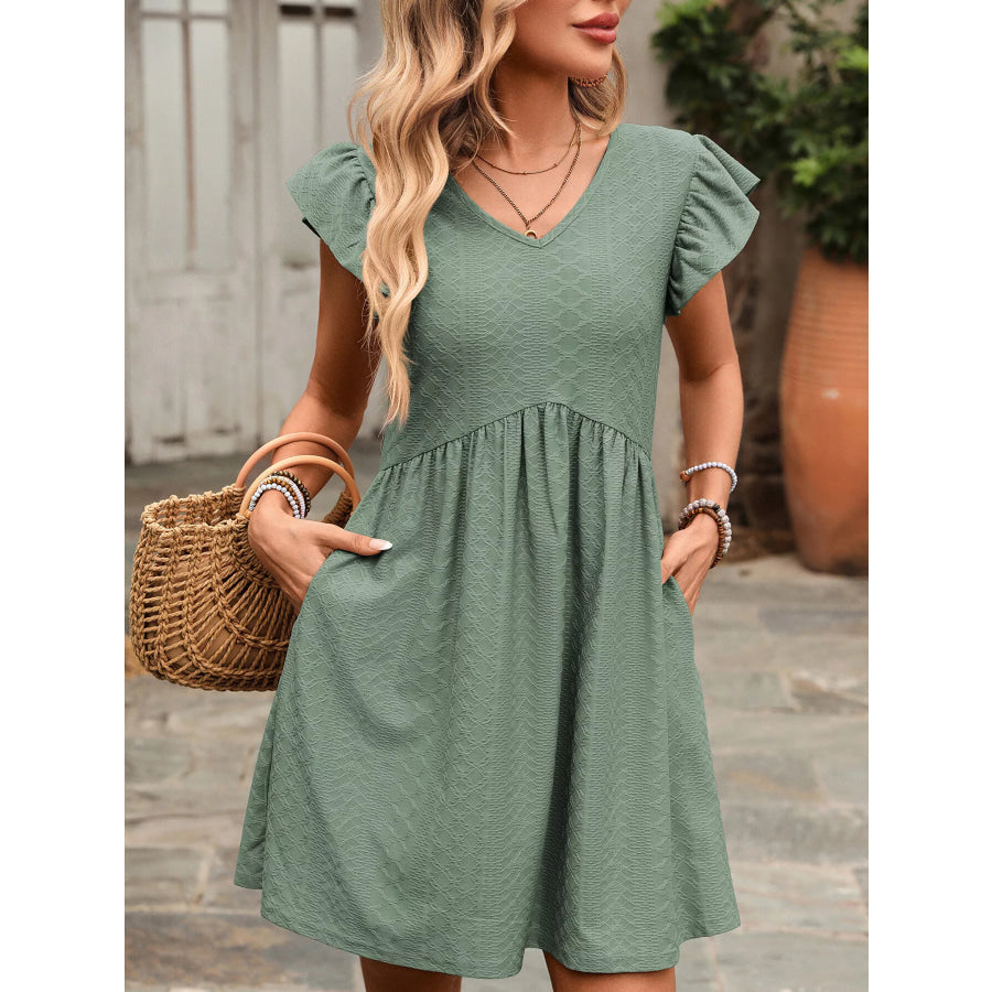 Ruffle Sleeve V-Neck A-Line Dress Bean Green / S Apparel and Accessories
