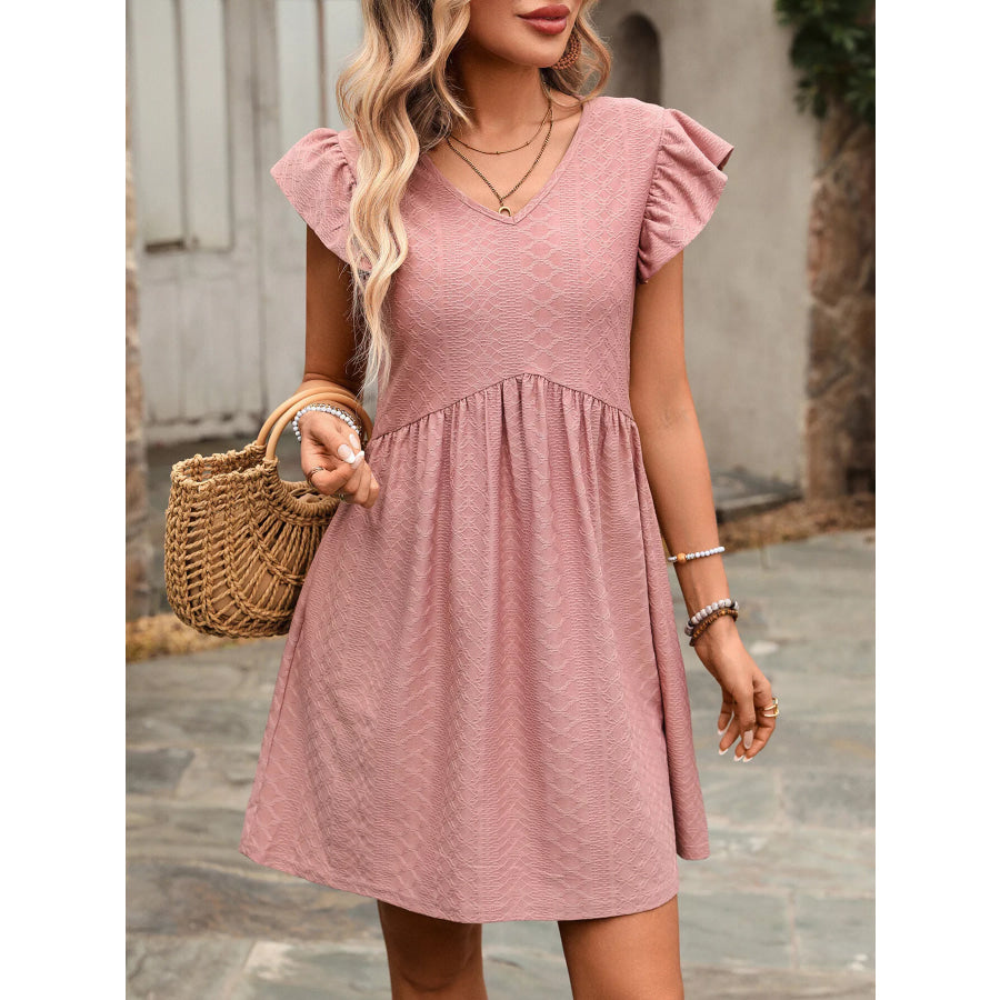 Ruffle Sleeve V-Neck A-Line Dress Bean Paste Powder / S Apparel and Accessories
