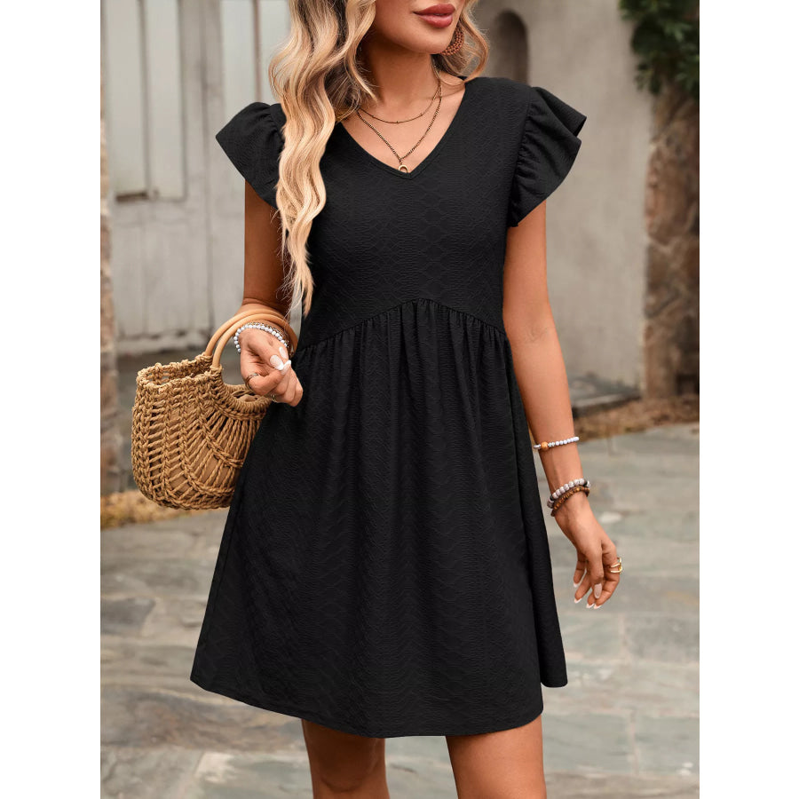 Ruffle Sleeve V-Neck A-Line Dress Black / S Apparel and Accessories