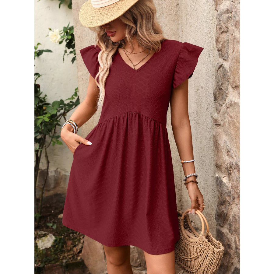 Ruffle Sleeve V-Neck A-Line Dress Burgundy / S Apparel and Accessories