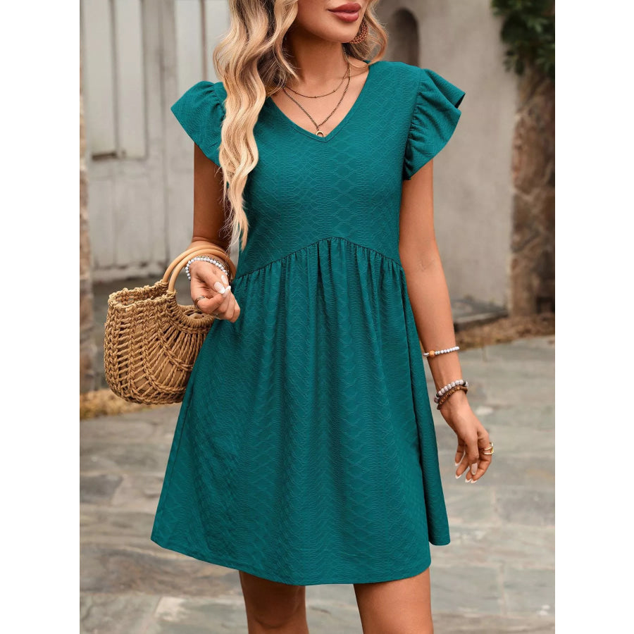 Ruffle Sleeve V-Neck A-Line Dress Peacock Blue / S Apparel and Accessories