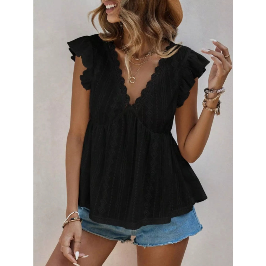 Ruffle Sleeve V-Neck Blouse Black / S Apparel and Accessories