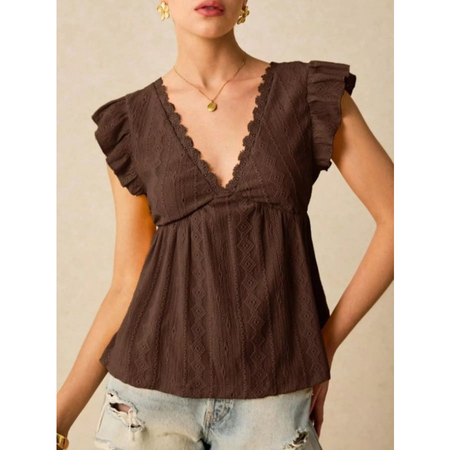 Ruffle Sleeve V-Neck Blouse Brown / S Apparel and Accessories
