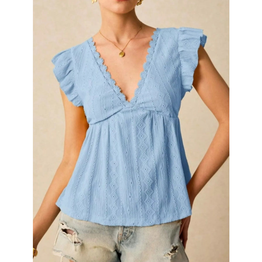 Ruffle Sleeve V-Neck Blouse Light Blue / S Apparel and Accessories
