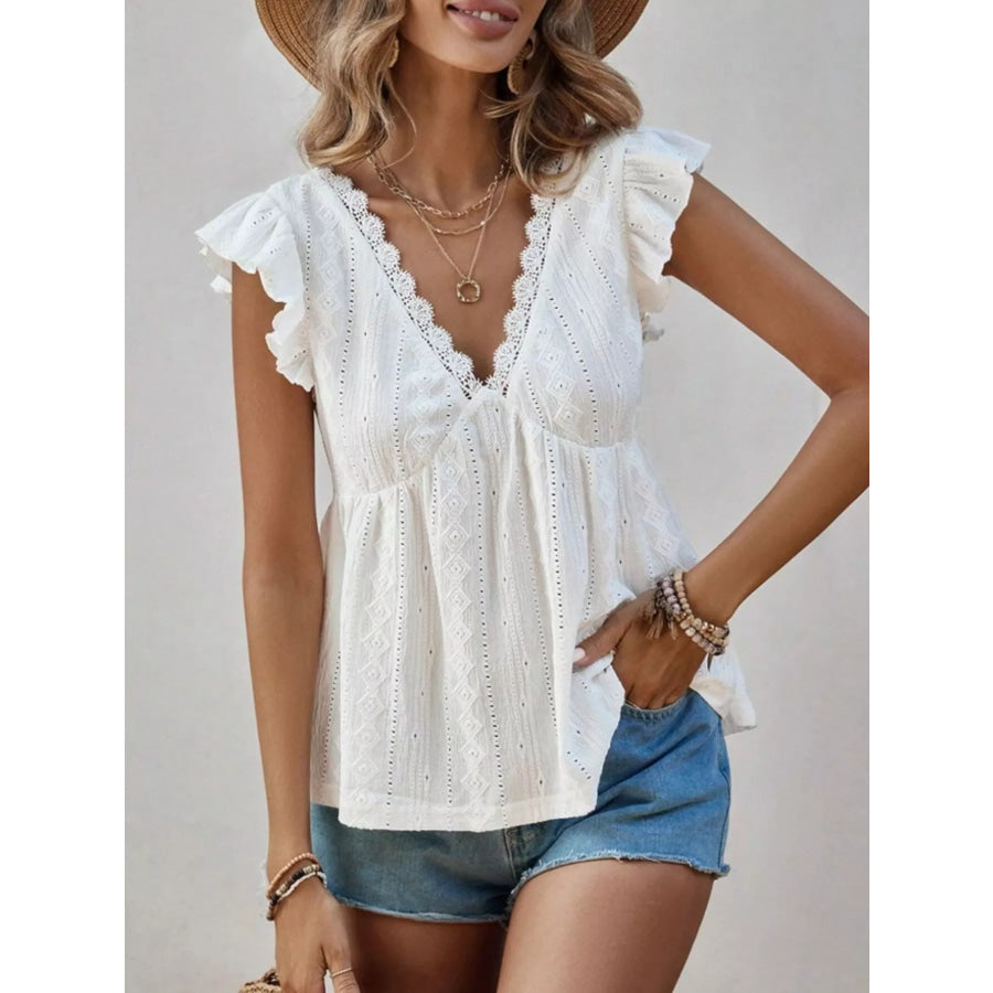 Ruffle Sleeve V-Neck Blouse White / S Apparel and Accessories