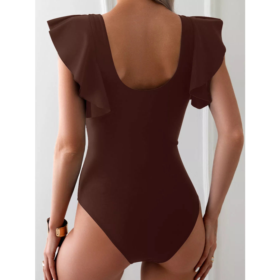 Ruffle Sleeve V-Neck One-Piece Swimsuit Apparel and Accessories