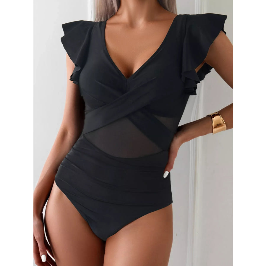 Ruffle Sleeve V-Neck One-Piece Swimsuit Black / S Apparel and Accessories