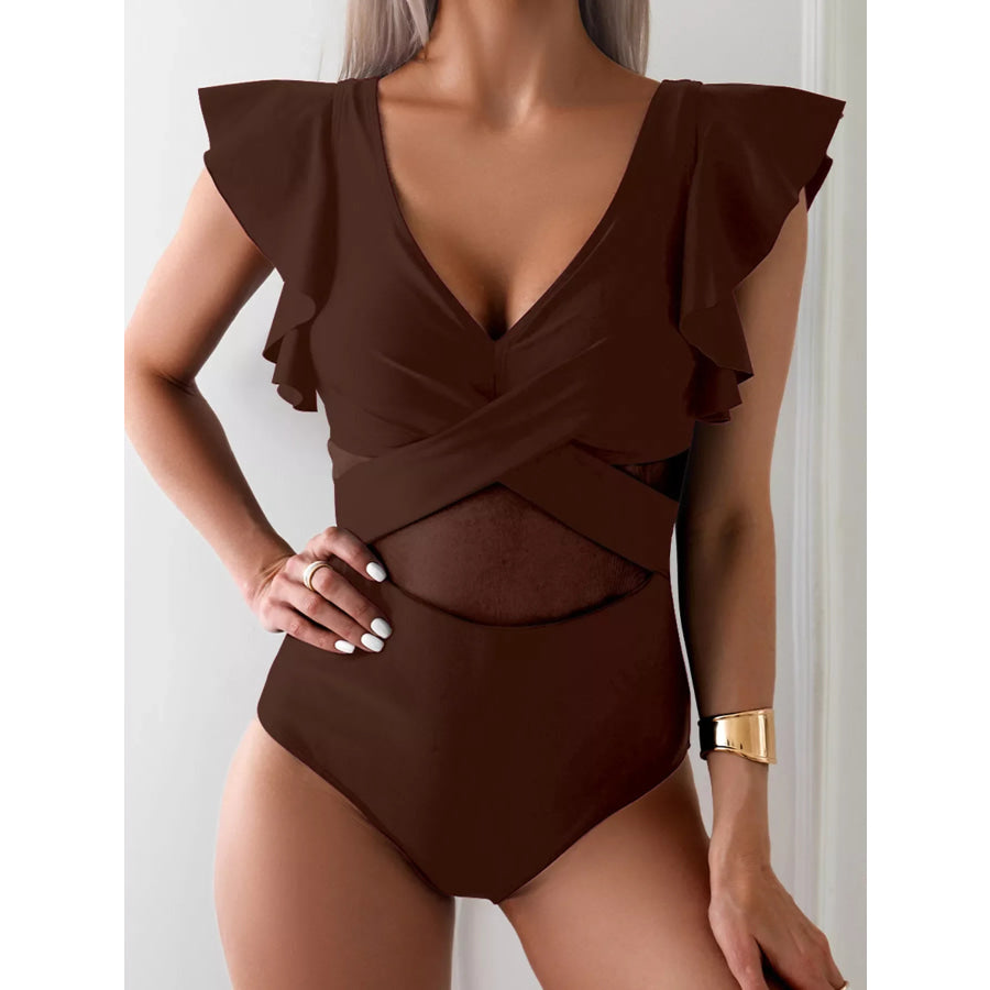 Ruffle Sleeve V-Neck One-Piece Swimsuit Dark Brown / S Apparel and Accessories
