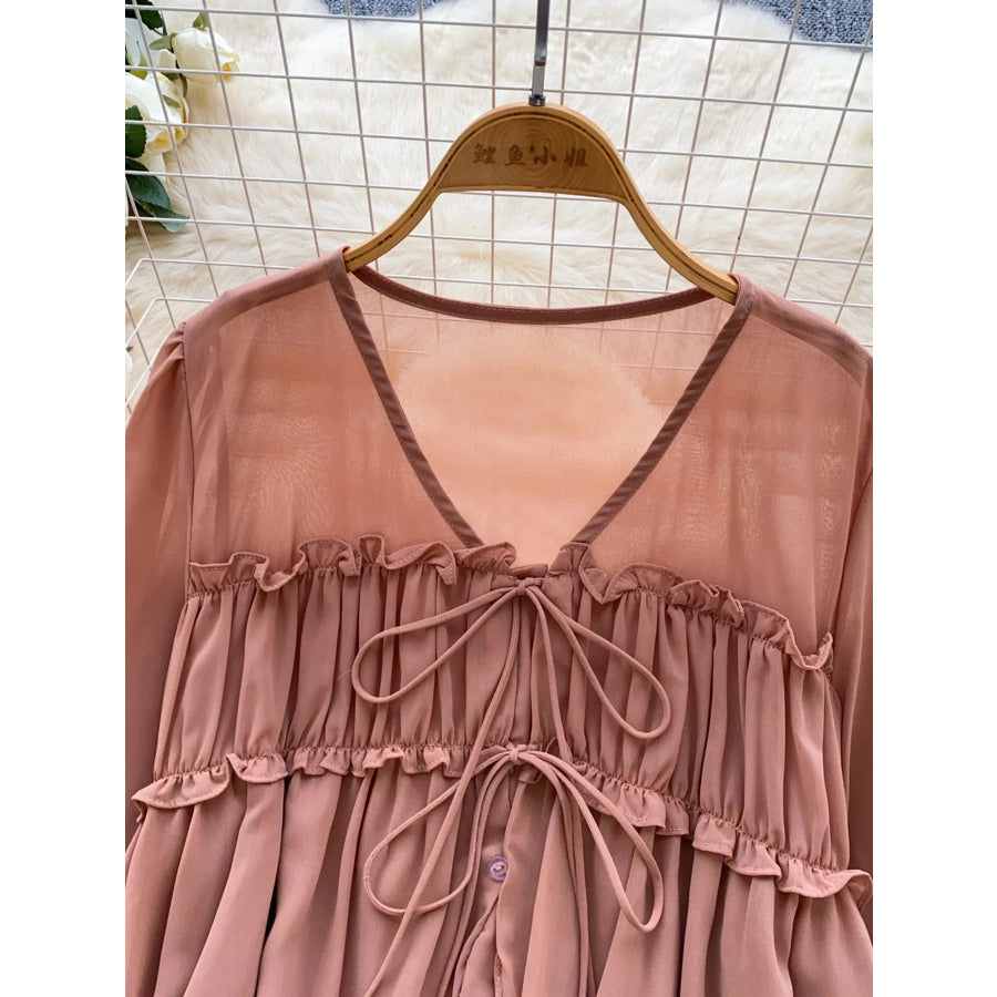 Ruffle Tie-Front Chiffon Blouse Apparel and Accessories