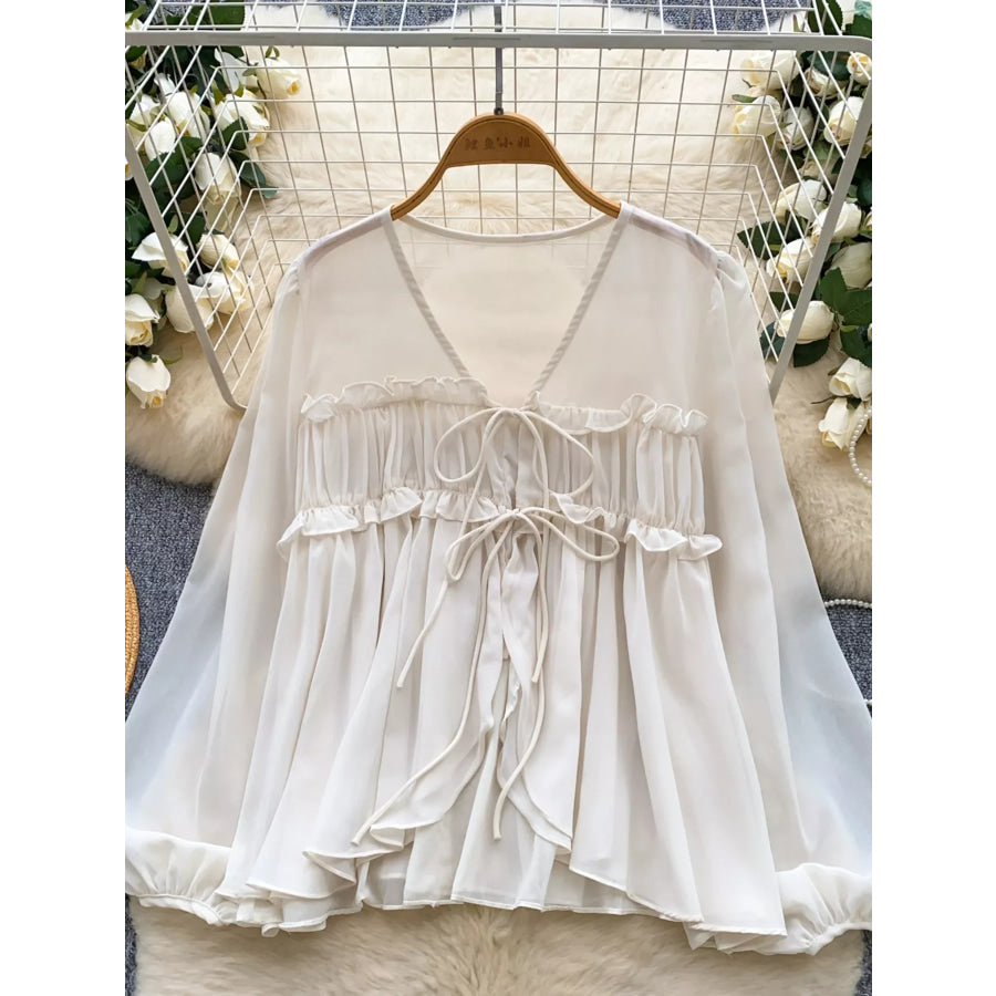 Ruffle Tie-Front Chiffon Blouse Apricot / One Size Apparel and Accessories