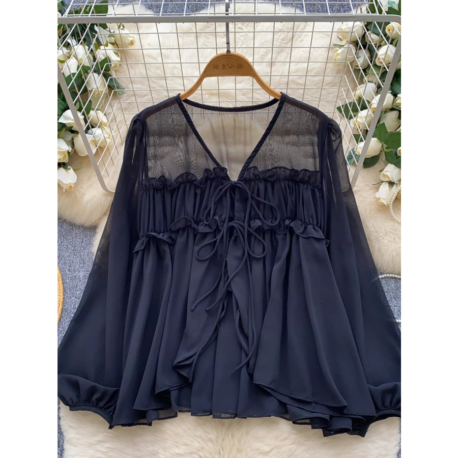 Ruffle Tie-Front Chiffon Blouse Black / One Size Apparel and Accessories