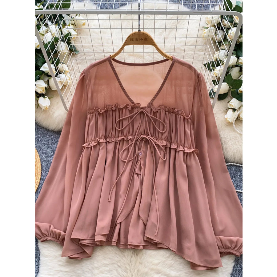 Ruffle Tie-Front Chiffon Blouse Card Color / One Size Apparel and Accessories