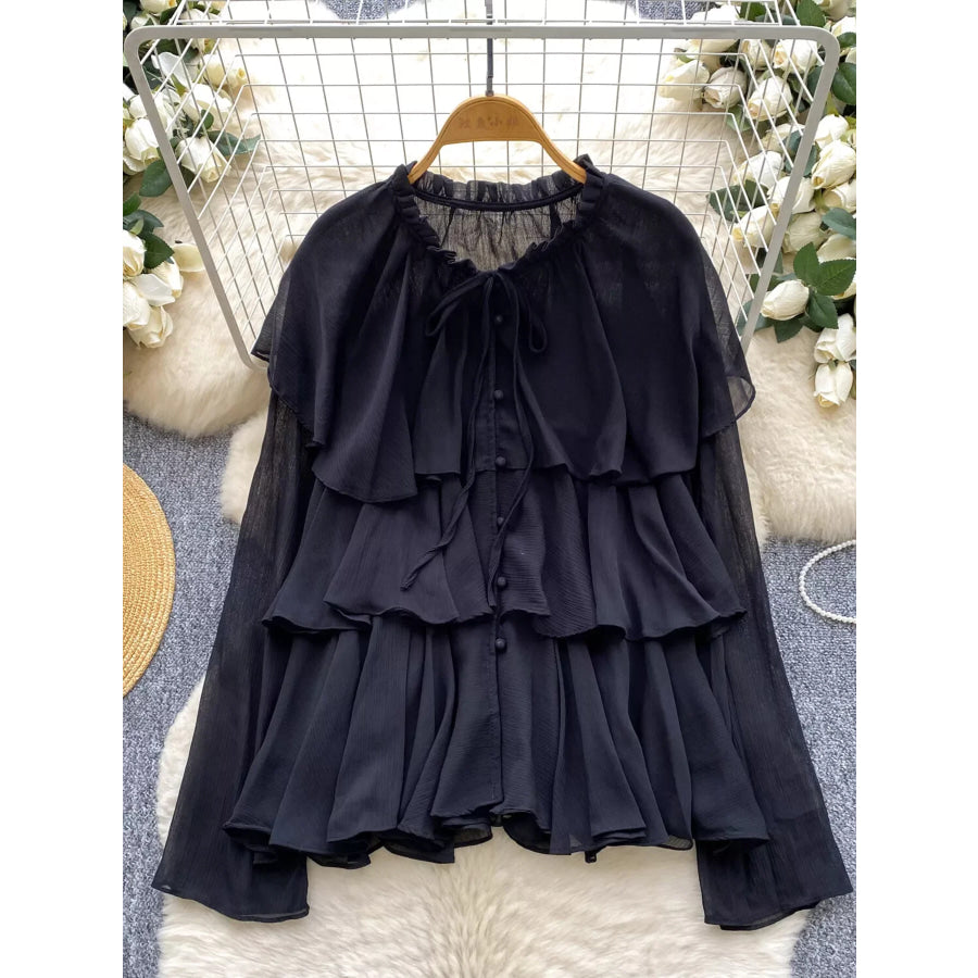 Ruffle Tiered Chiffon Blouse Black / One Size Apparel and Accessories