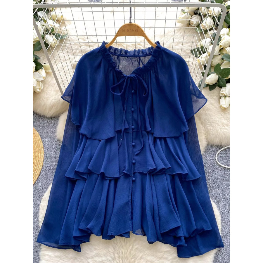 Ruffle Tiered Chiffon Blouse Blue / One Size Apparel and Accessories