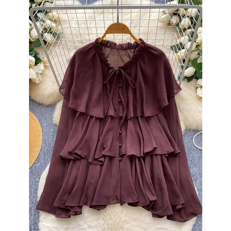 Ruffle Tiered Chiffon Blouse Brown / One Size Apparel and Accessories