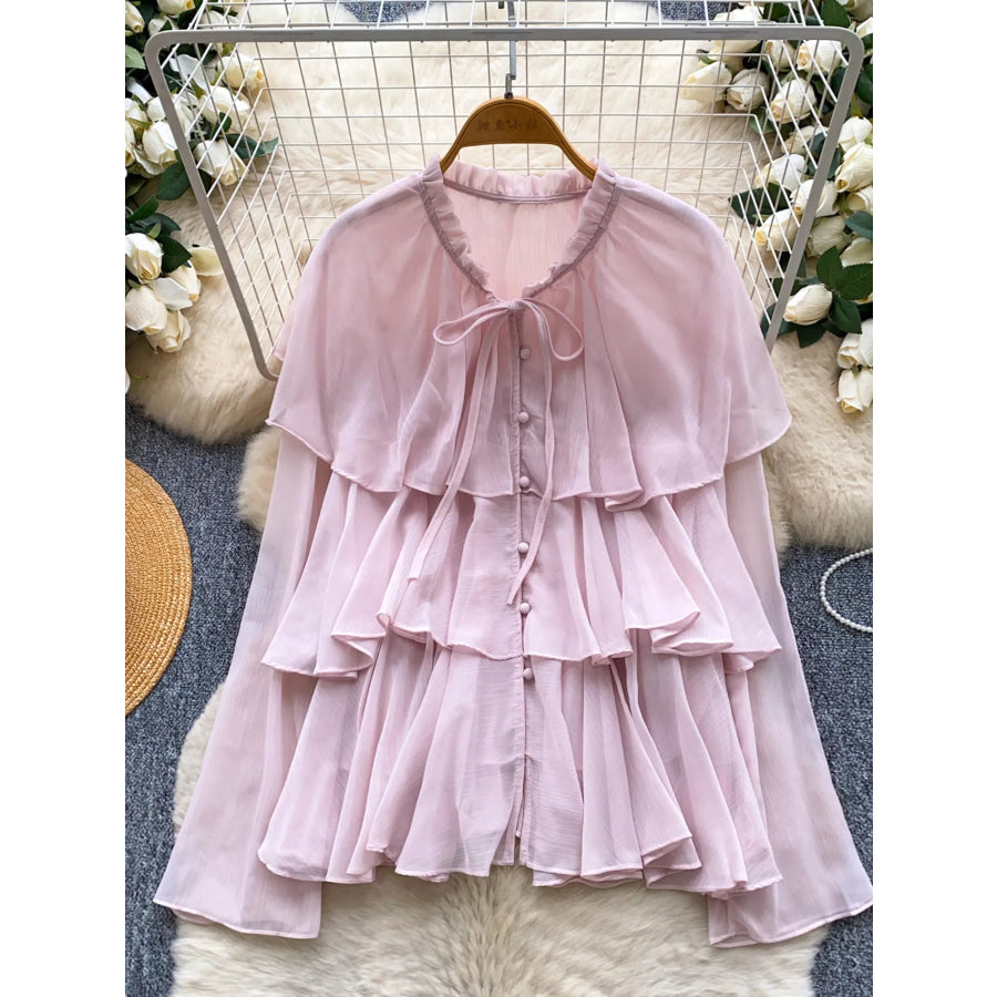 Ruffle Tiered Chiffon Blouse Pink / One Size Apparel and Accessories