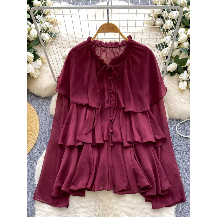 Ruffle Tiered Chiffon Blouse Red / One Size Apparel and Accessories