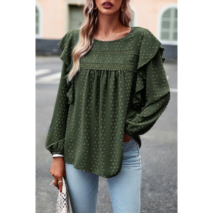 Ruffle Trim Balloon Sleeve Blouse Army Green / S