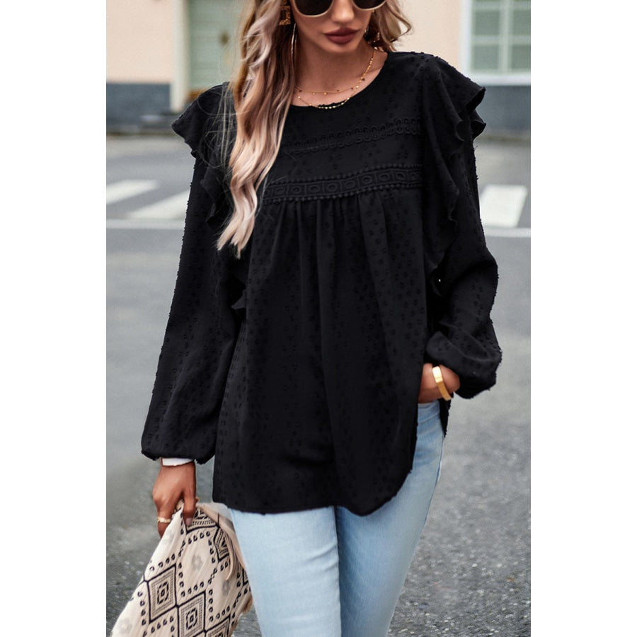 Ruffle Trim Balloon Sleeve Blouse Black / S