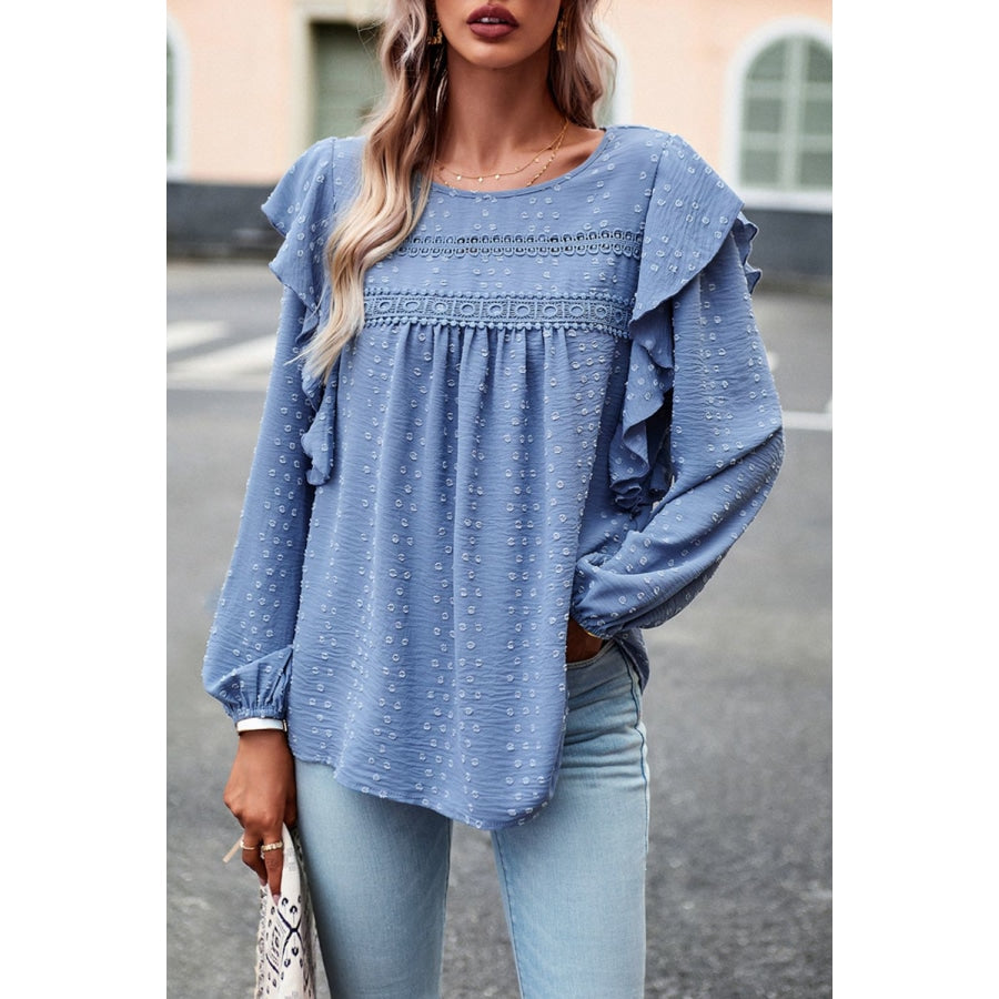 Ruffle Trim Balloon Sleeve Blouse Misty Blue / S