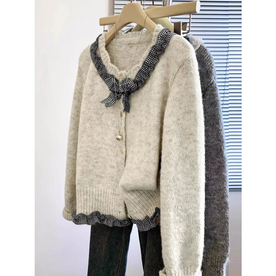Ruffle Trim Button Up Cardigan Apricot / One Size Apparel and Accessories