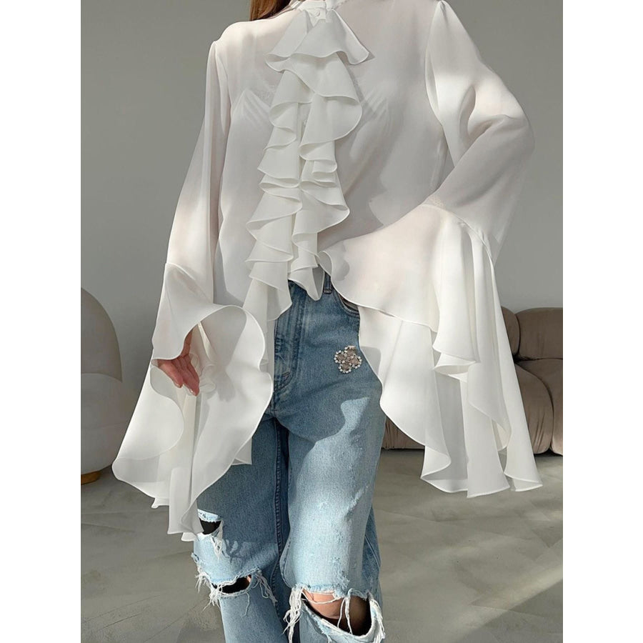 Ruffle Trim Flounce Sleeve Blouse Apparel and Accessories