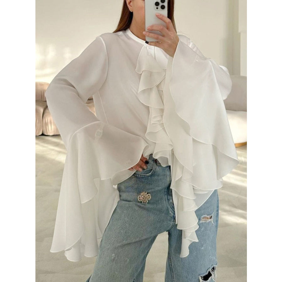 Ruffle Trim Flounce Sleeve Blouse White / S Apparel and Accessories