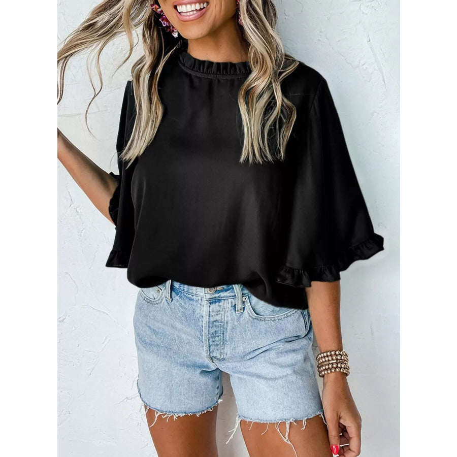 Ruffle Trim Half Sleeve Blouse Black / S Apparel and Accessories
